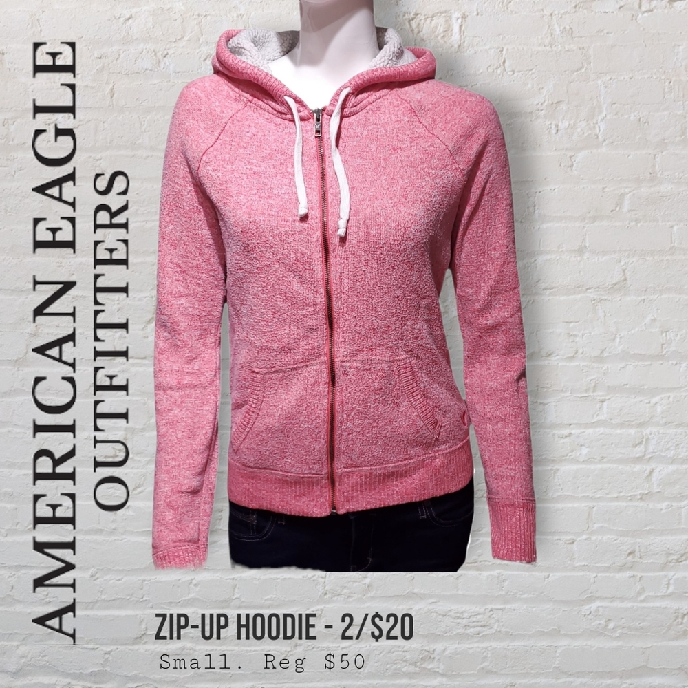 American Eagle Pink Fuzzy Zip Up Hoodie Sweater Women's Large